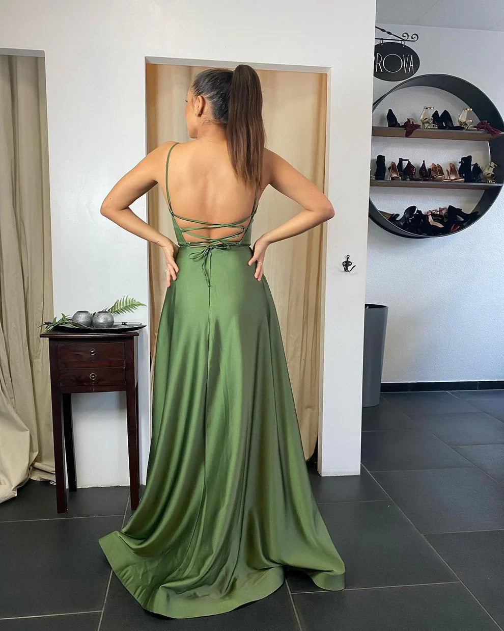 Jimiss sexy long A-line thin shoulder strap satin front slit backless Prom dress