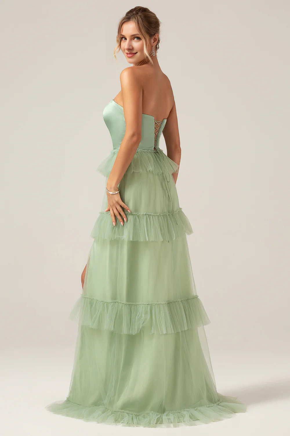 Matcha A-line layered strapless layered long slit bridesmaid dress