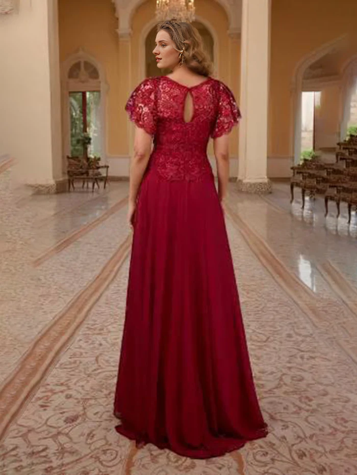 Wine red lace tight corset with flared sleeves and chiffon mother of the bride dress