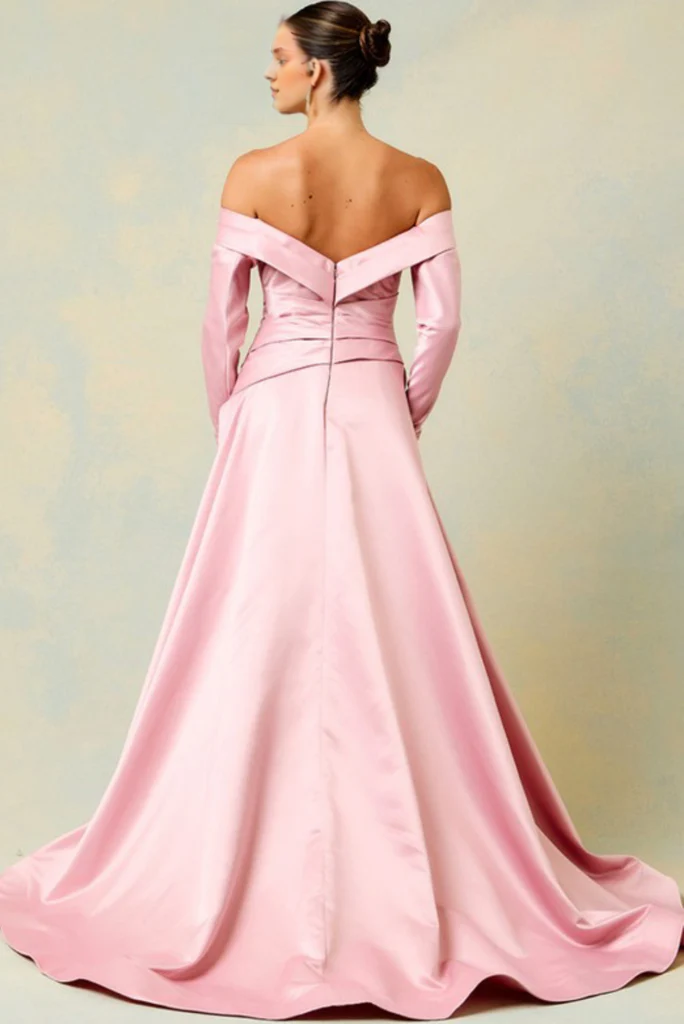Off shoulder sweetheart neckline with hanging side slits for evening gowns