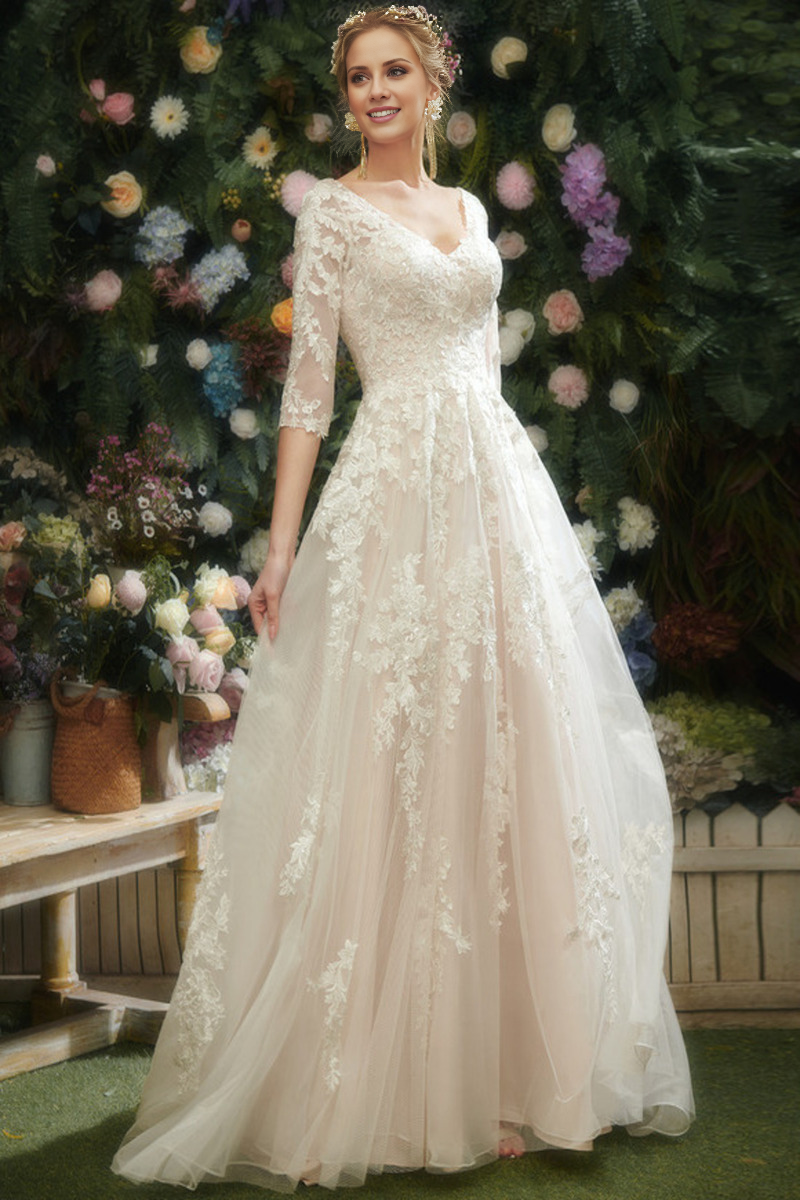 A-line V-neck sweeping trailing skirt 3/4 sleeves sequined chiffon lace wedding dress