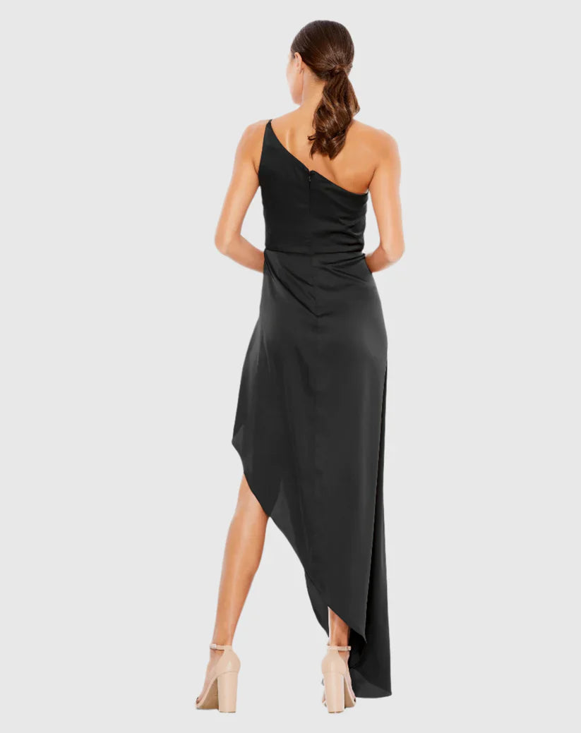 One shoulder draped satin sleeveless slit floor-length evening dress