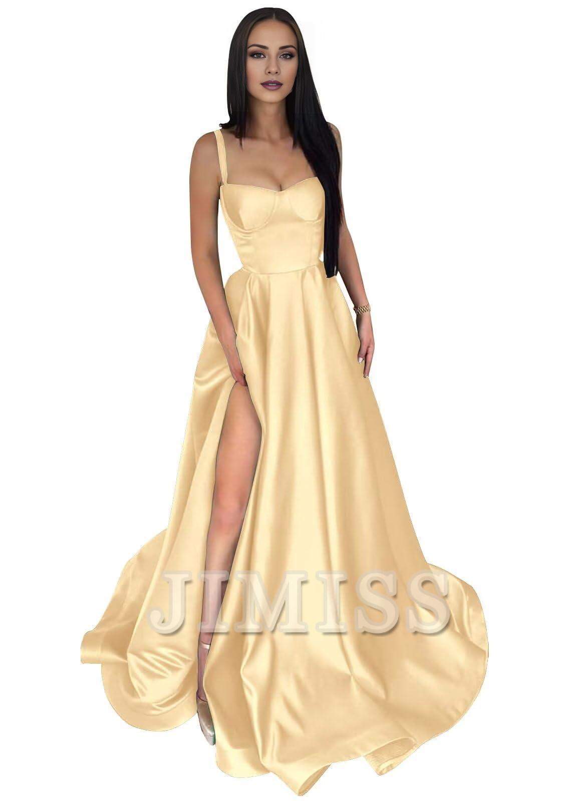 Thin shoulder strap satin ball gown with long A-line slit and pleated formal party evening gown