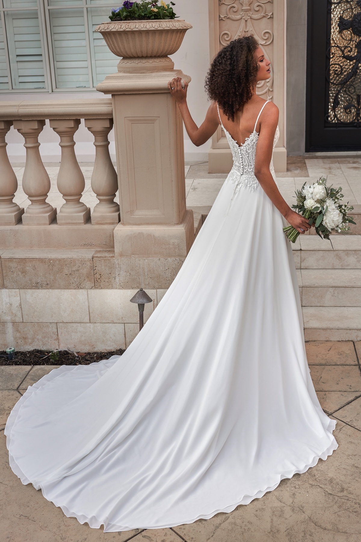 A-line heart-shaped neckline with beaded thin shoulder straps and floor length wedding dress