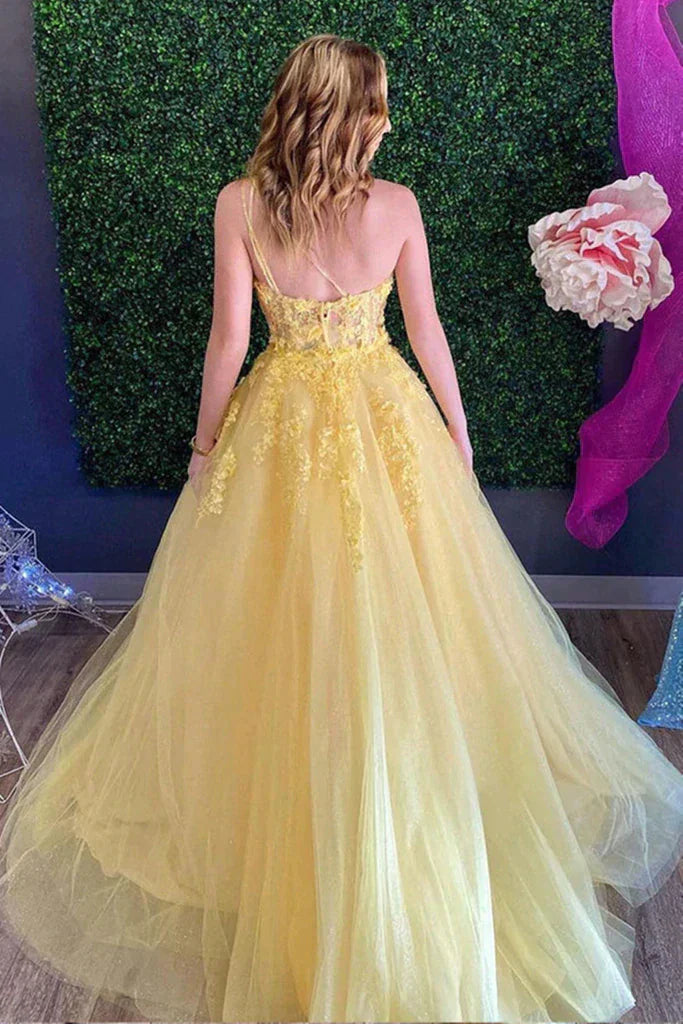 One Shoulder Daffodils Appliques Lace Prom Formal Dress