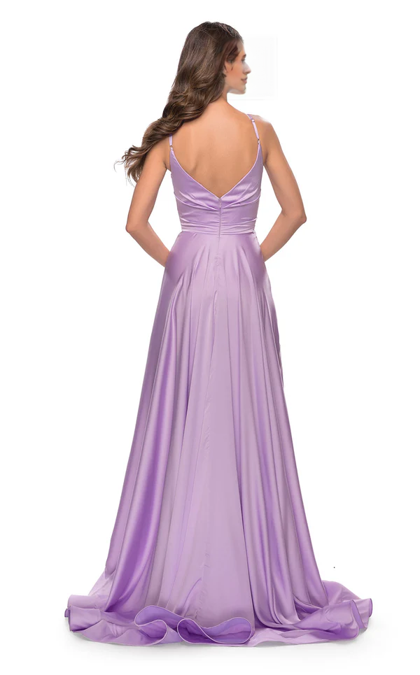 A-line V-neck thin shoulder strap with exposed back side slit and floor length evening dress