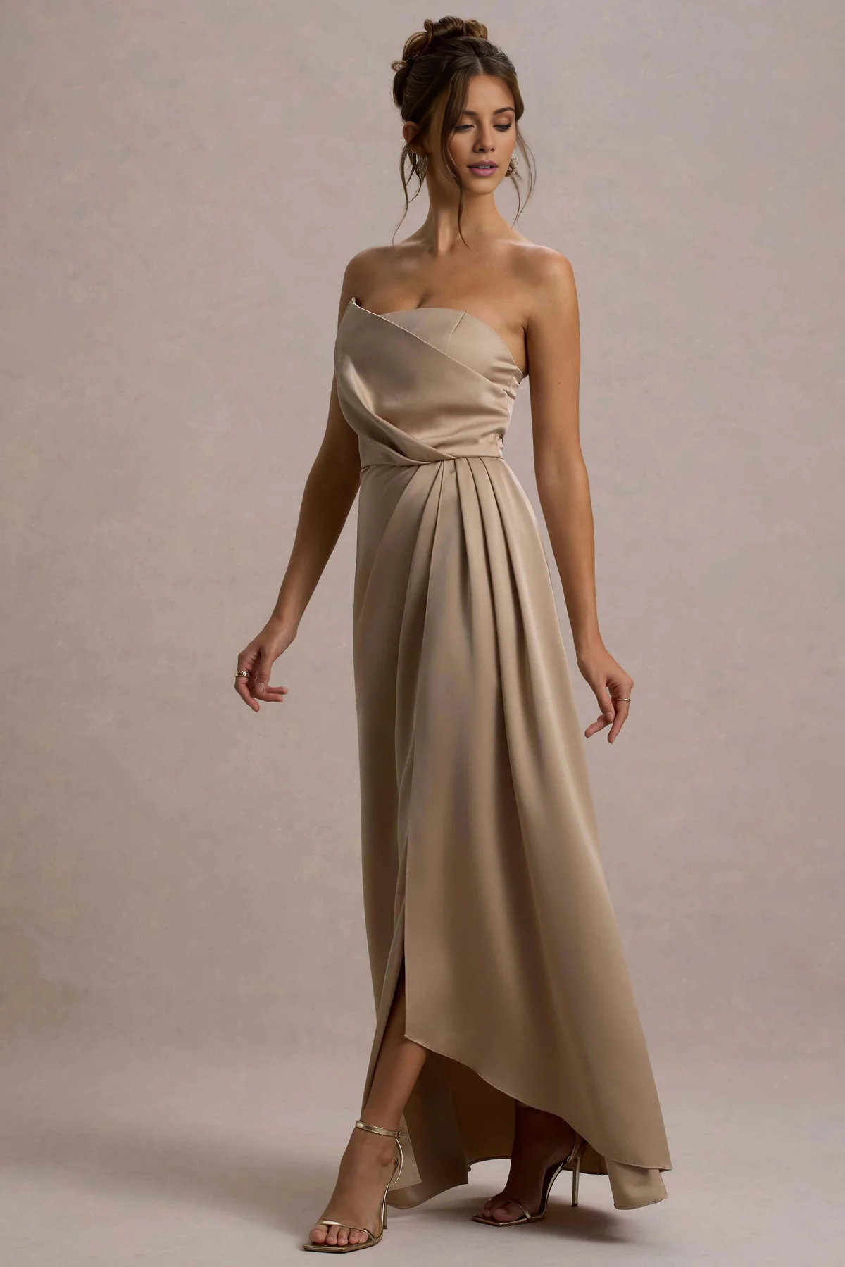 Asymmetric neckline satin strapless drape and floor length evening dress - jimiss dress