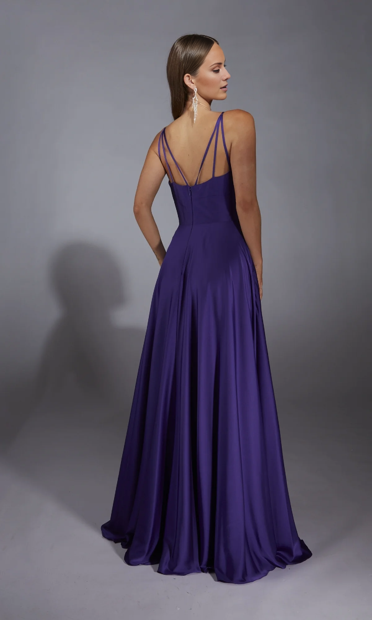 Jimiss V-neck slim shoulder strap with backless side slit and floor length evening dress
