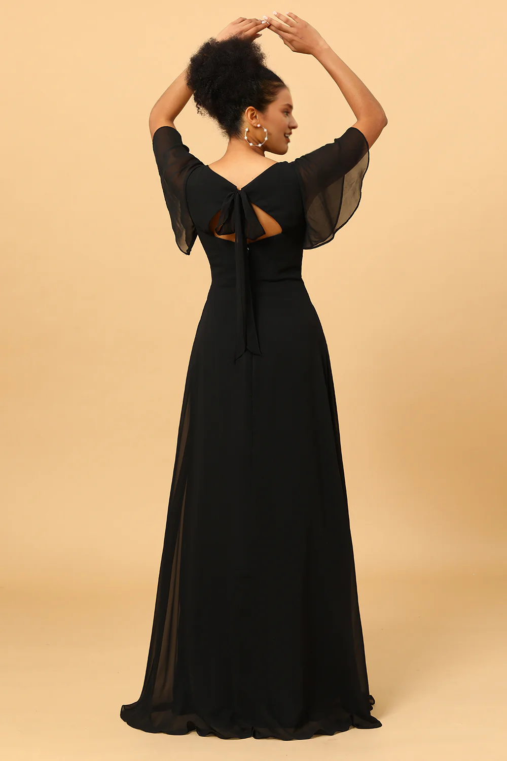 Black A-line V-neck slit chiffon and floor length bridesmaid dress