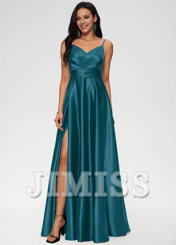A-line V-neck floor-length satin prom dress