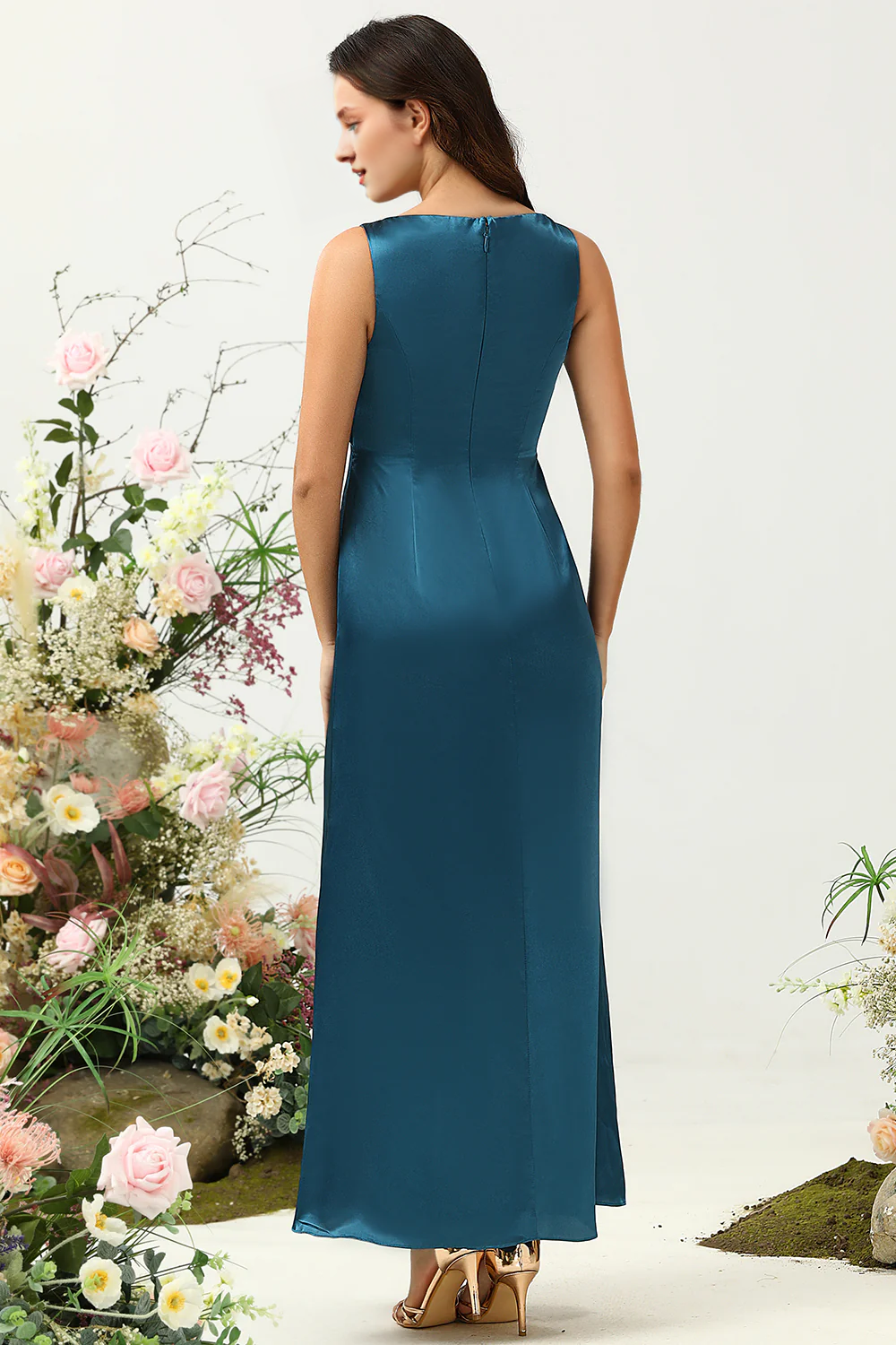 Dark blue tight fitting deep V-neck shiny satin bridesmaid dress