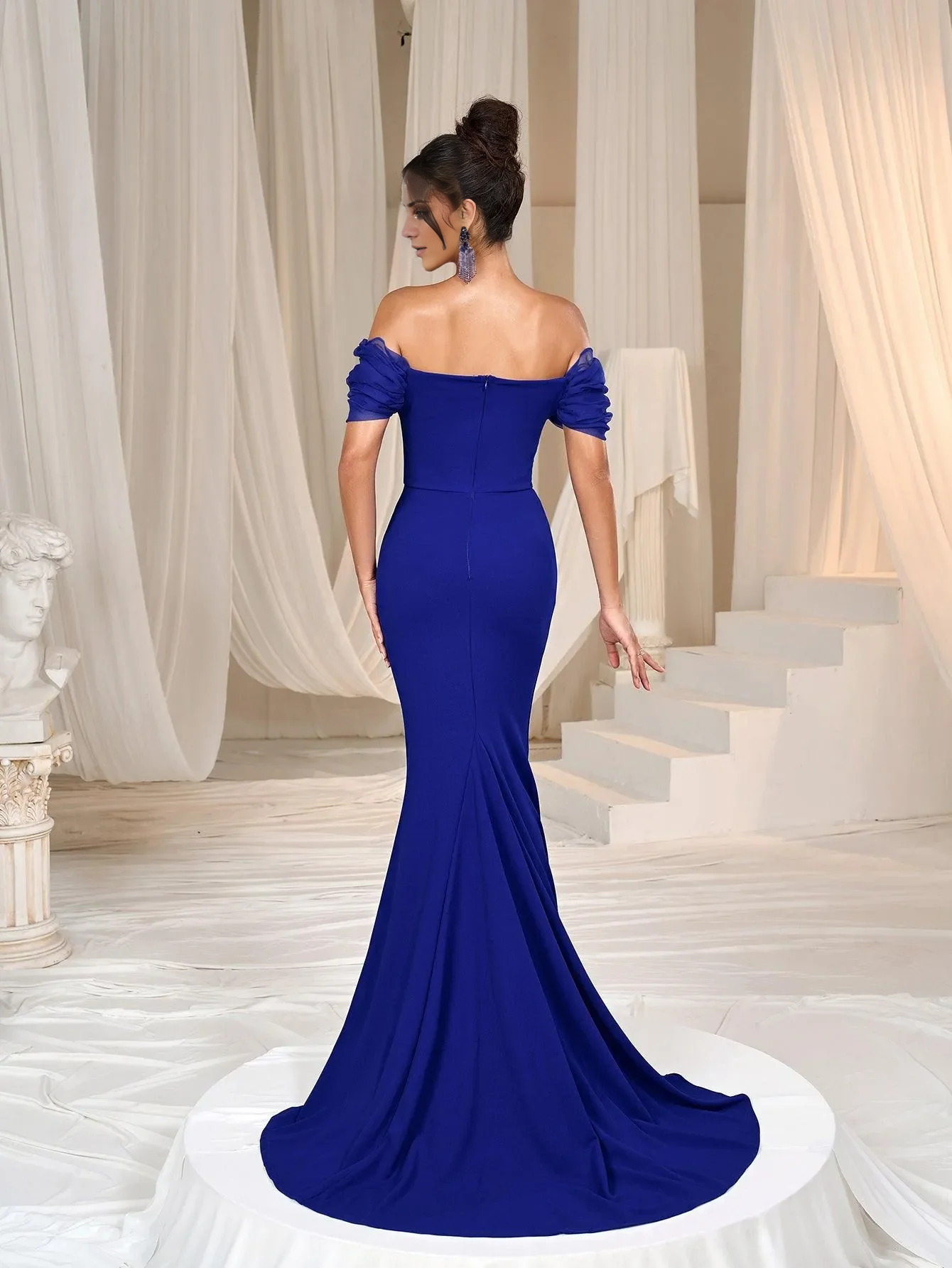 Mermaid off shoulder collar backless and floor length formal dress