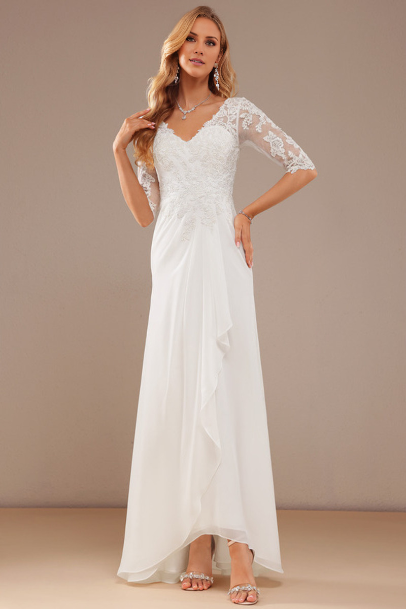 Lotus leaf edge A-line V-neck asymmetrical half sleeved lace chiffon wedding dress