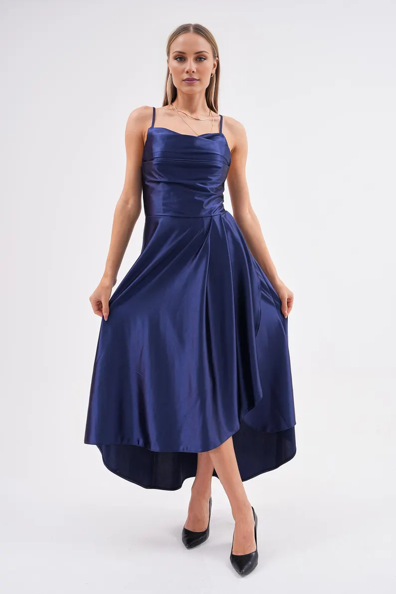 Jimiss - satin pleated thin shoulder strap backless long Prom dress