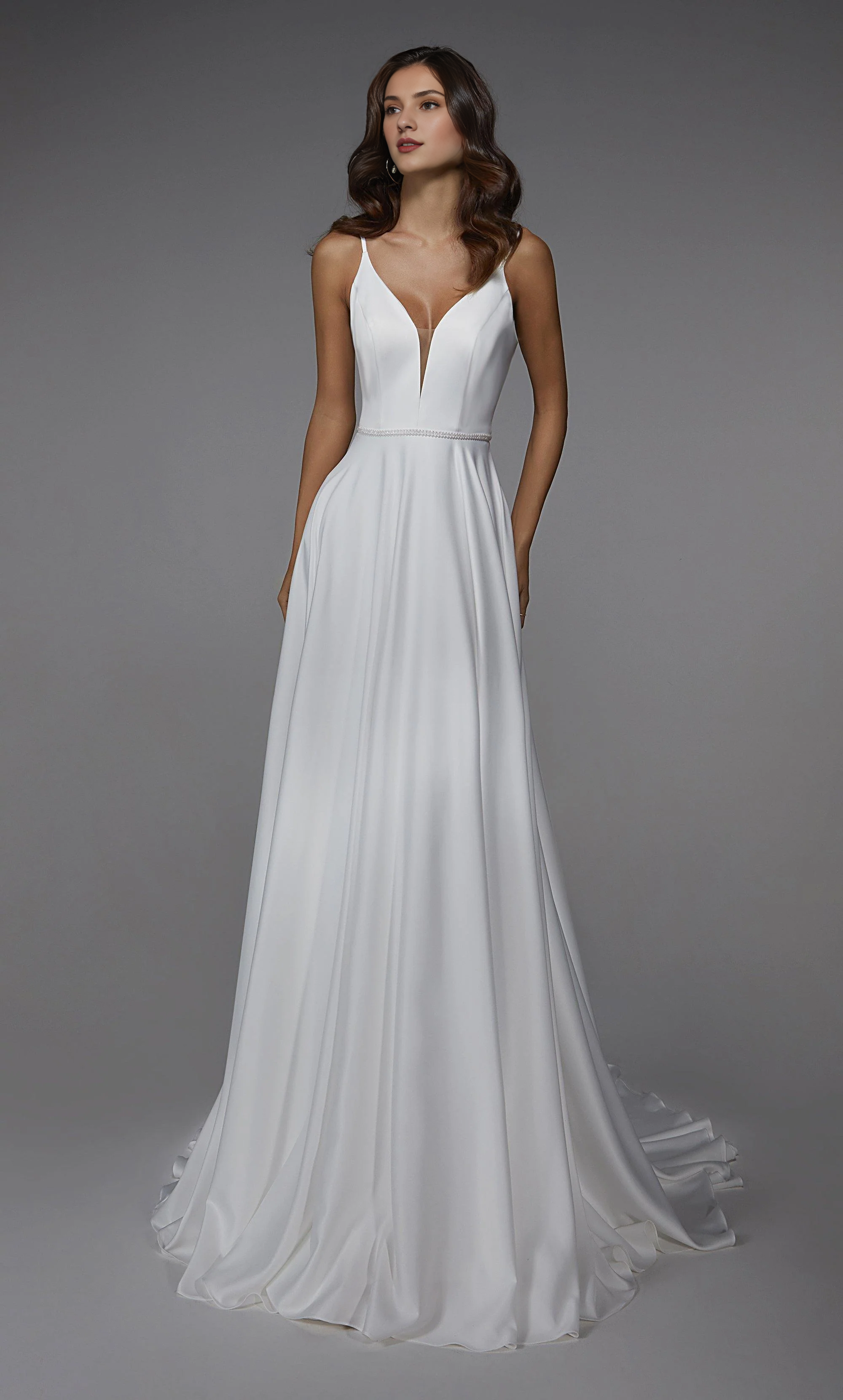 Perfect satin deep V-neck V-shaped back satin button wedding dresses