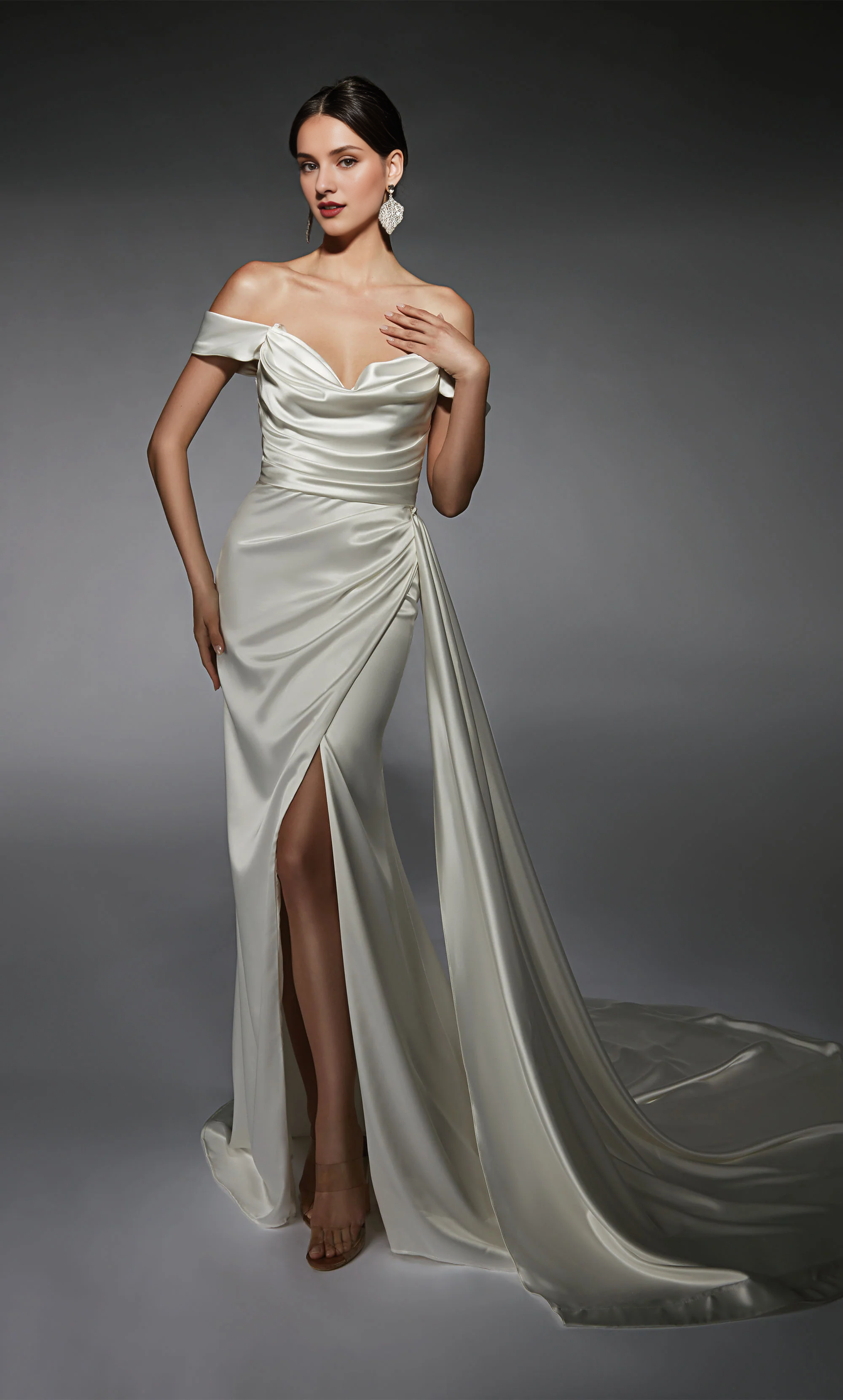 Satin off shoulder straight slit wedding dresses