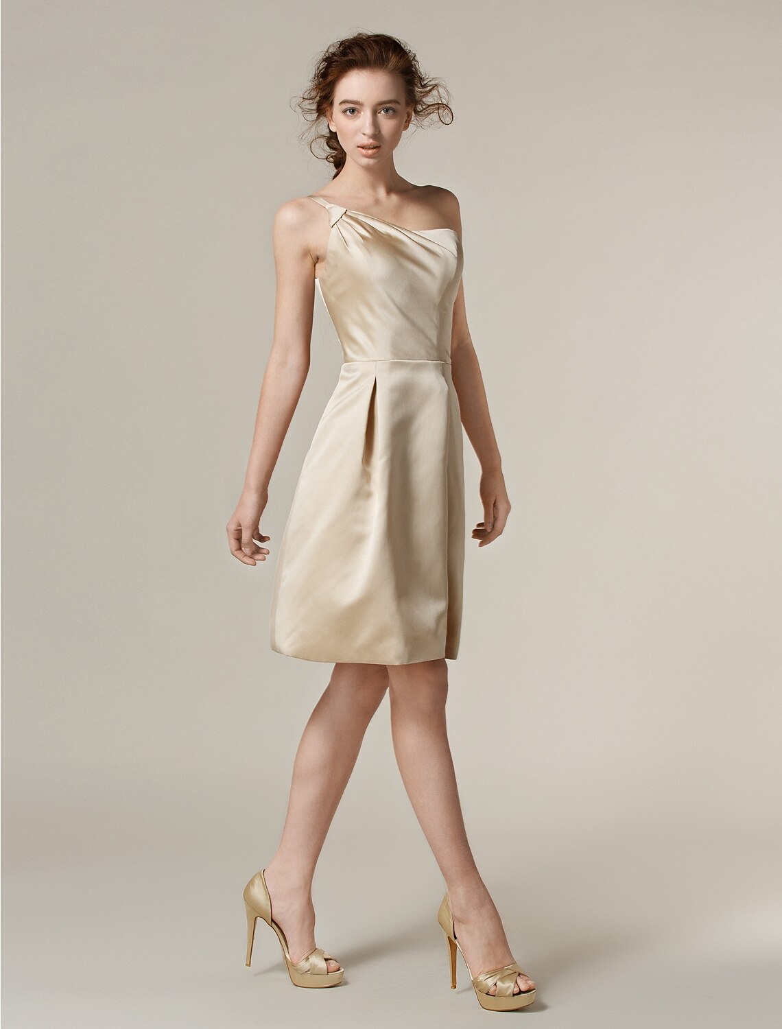 A-Line One Shoulder Knee Length Satin Bridesmaid Dress with Side Draping