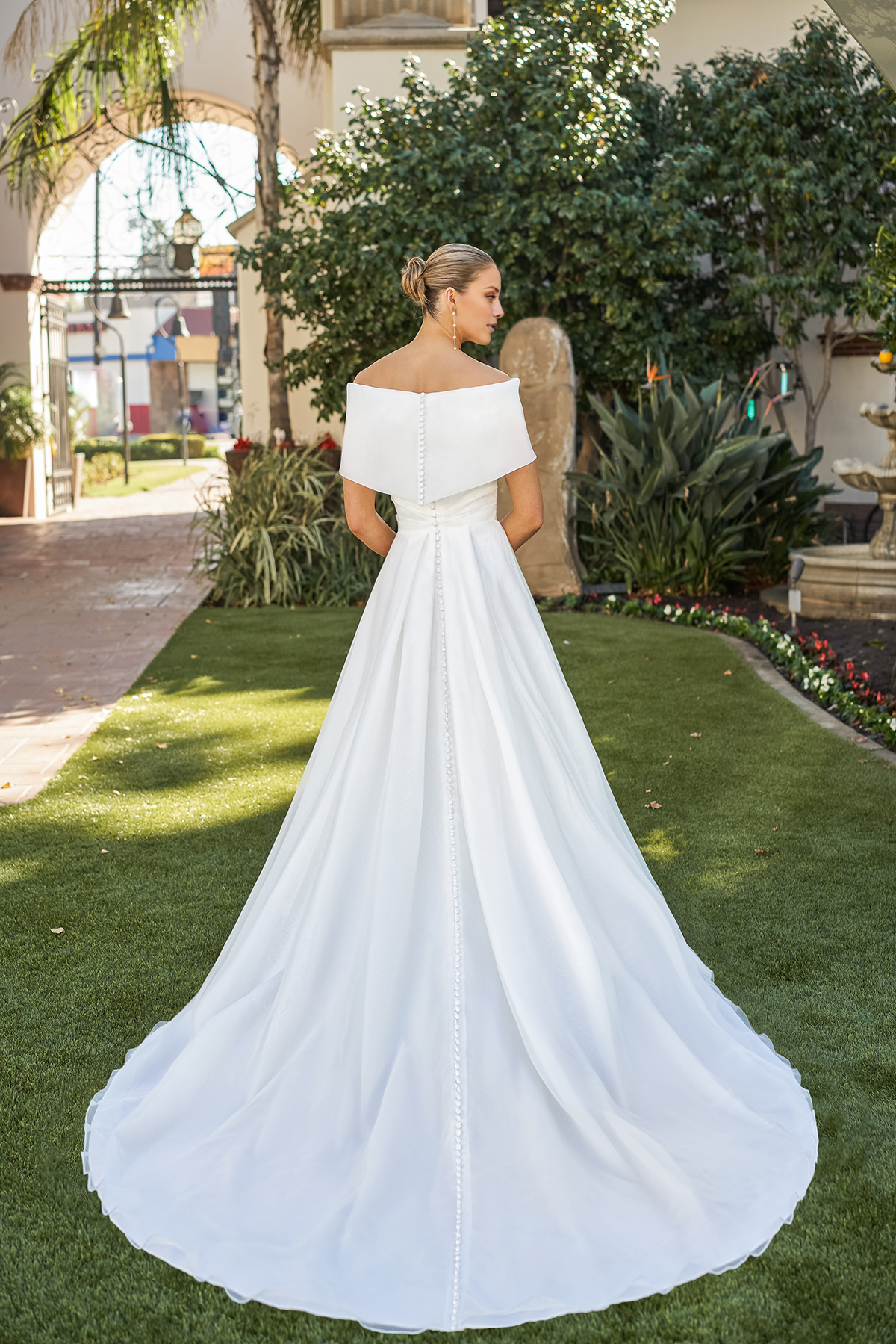 A-line off shoulder collar with side slit and floor length wedding dress
