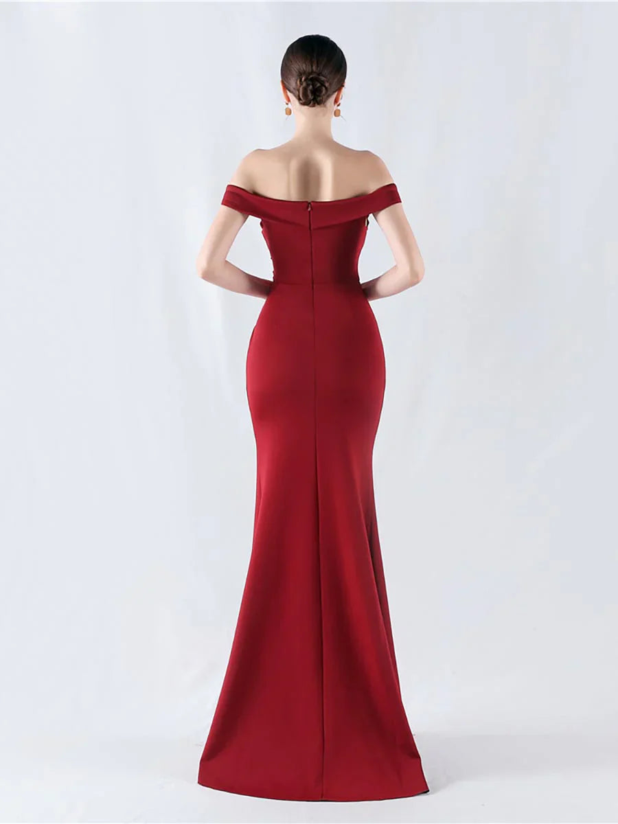 Off shoulder pleated slit and floor length gown evening dresses