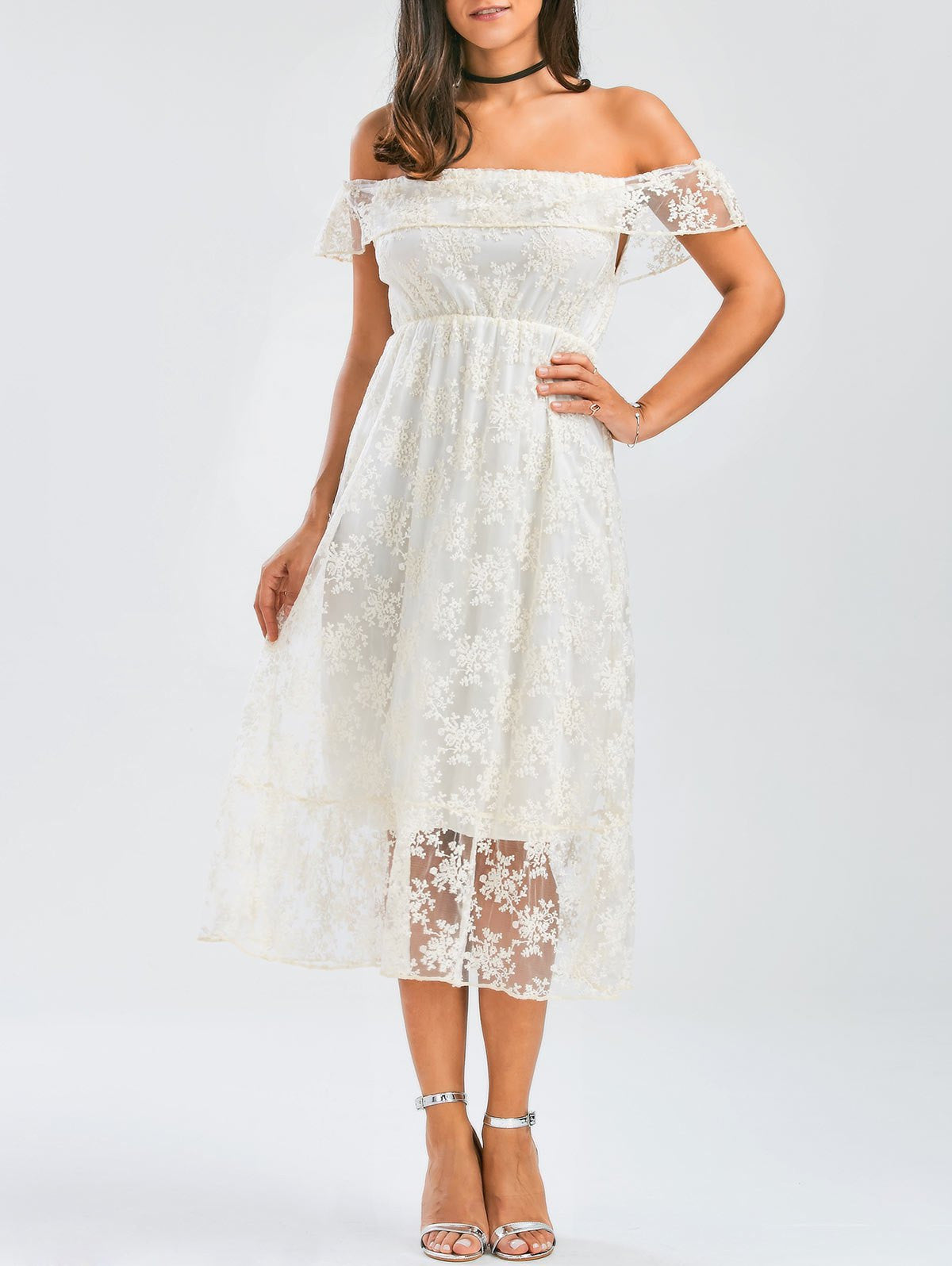 White Off Shoulder Ruffle Lace Wedding Dress