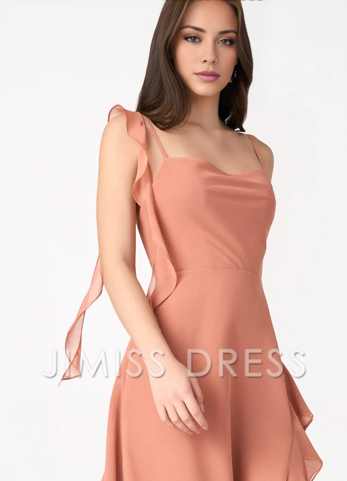 Jimiss slim shoulder chiffon asymmetrical ruffle edge side slit and floor length Prom dress