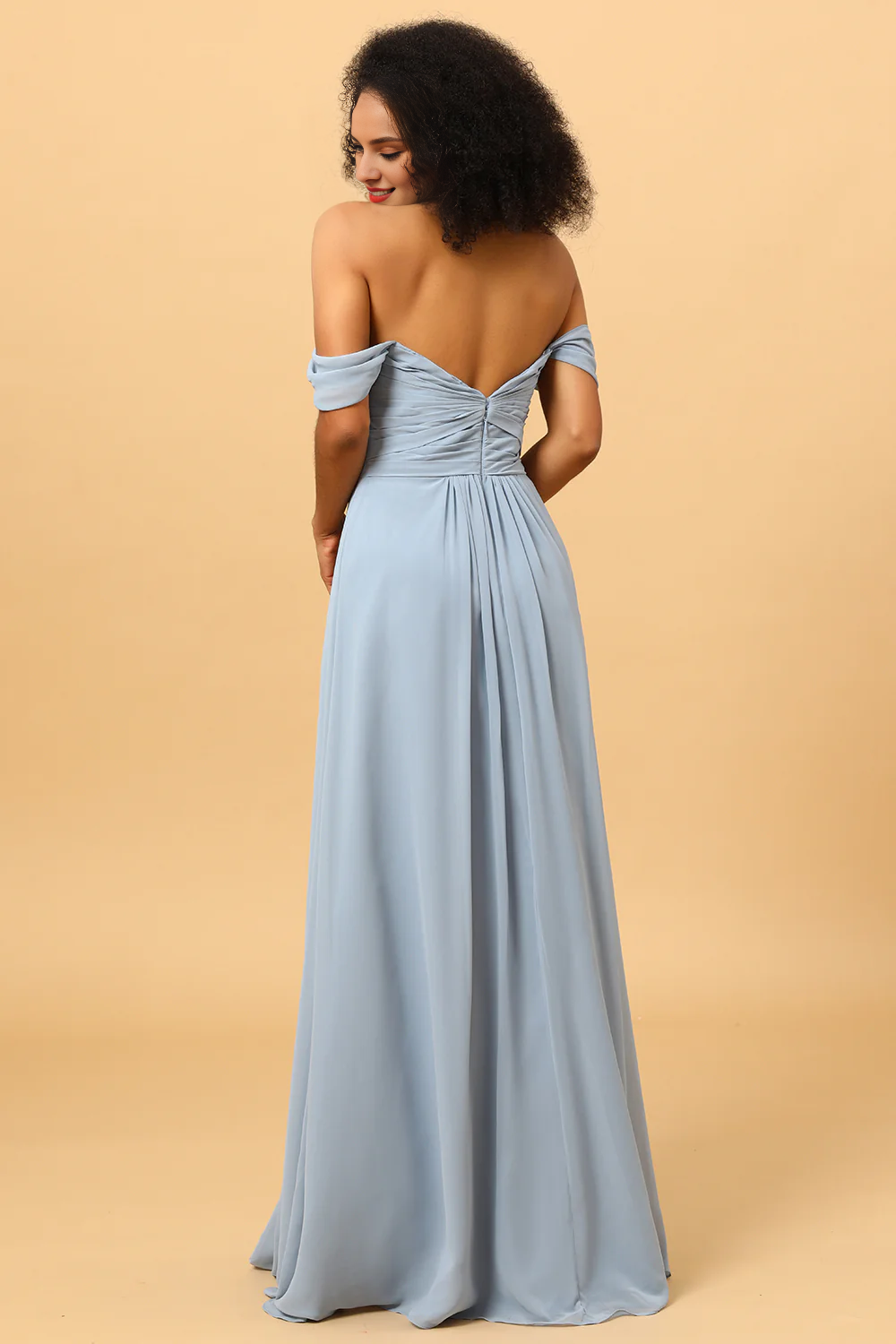 Grey blue A Line slit off shoulder chiffon bridesmaid dress
