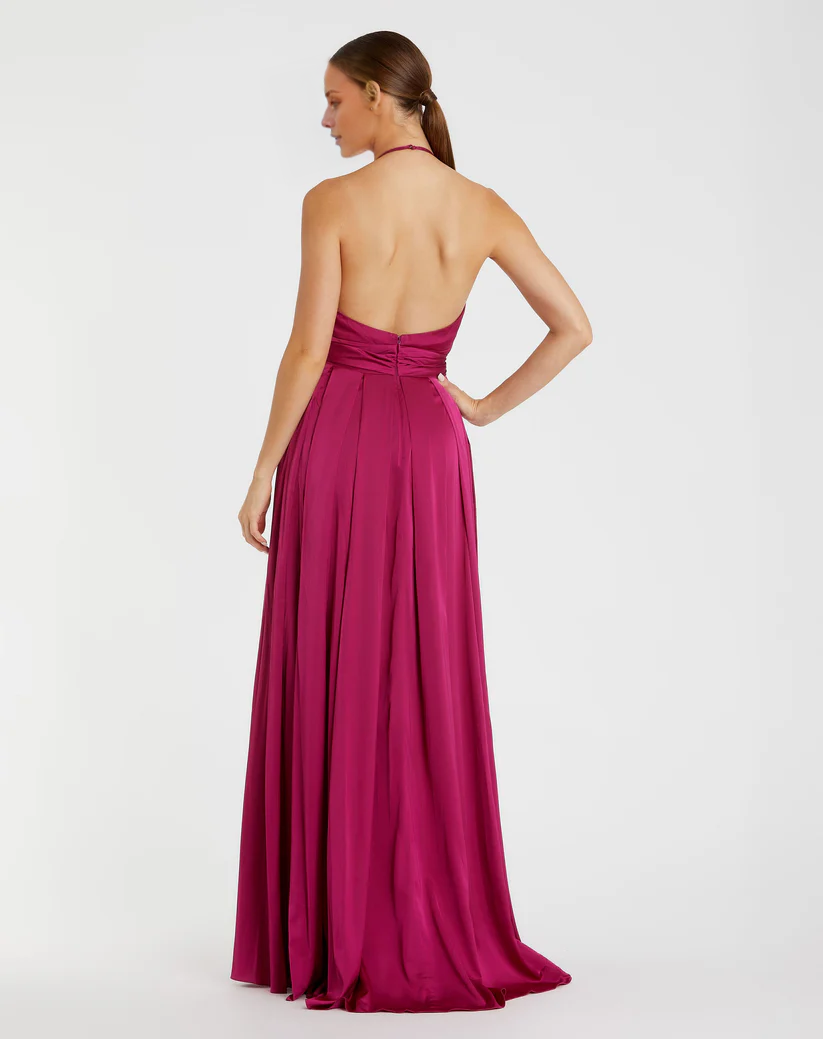 Halter neck V-neck sleeveless satin side slit floor-length evening dress