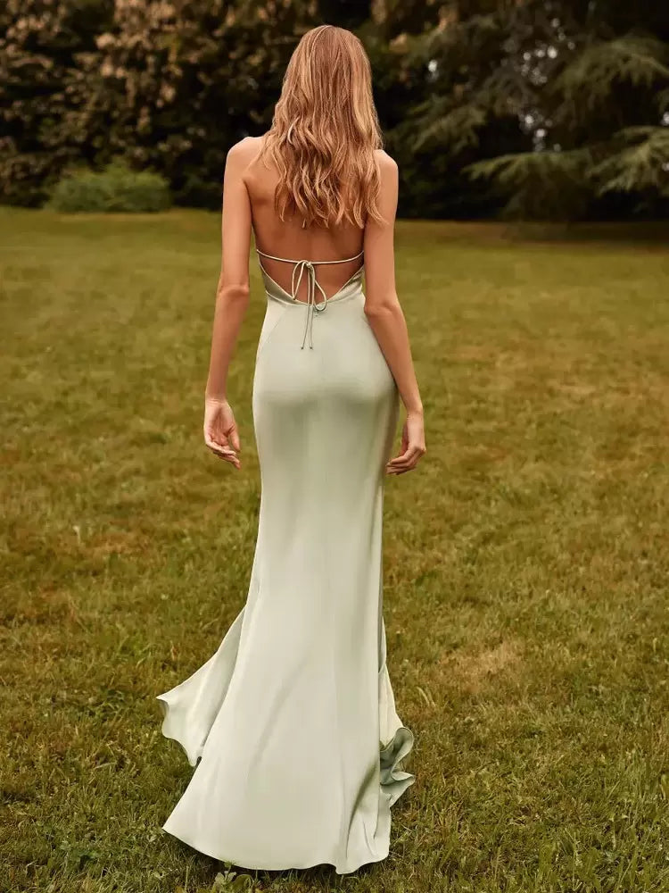 Sheath Deep V Satin Fabric Wedding Party Dress formal dresses evening gown Bridesmaid Dress With Train