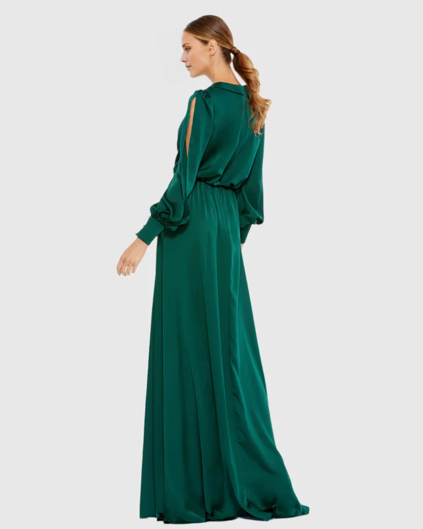 V-neck satin side slit floor-length evening dress