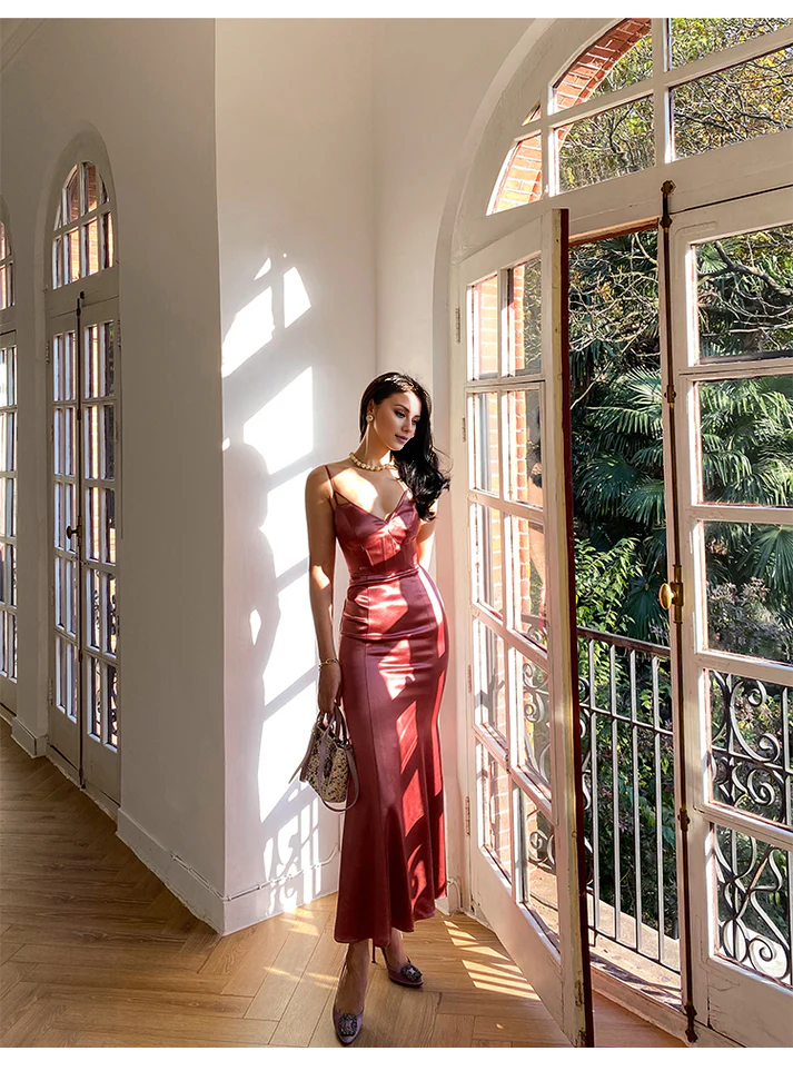 Jimiss V-neck sleeveless thin shoulder strap and floor length satin Prom dress