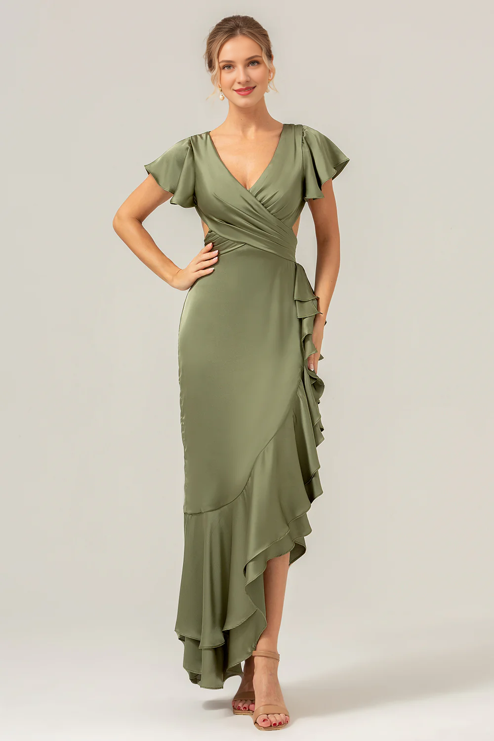 A-line V-neck asymmetrical olive ruffled slit bridesmaid dress
