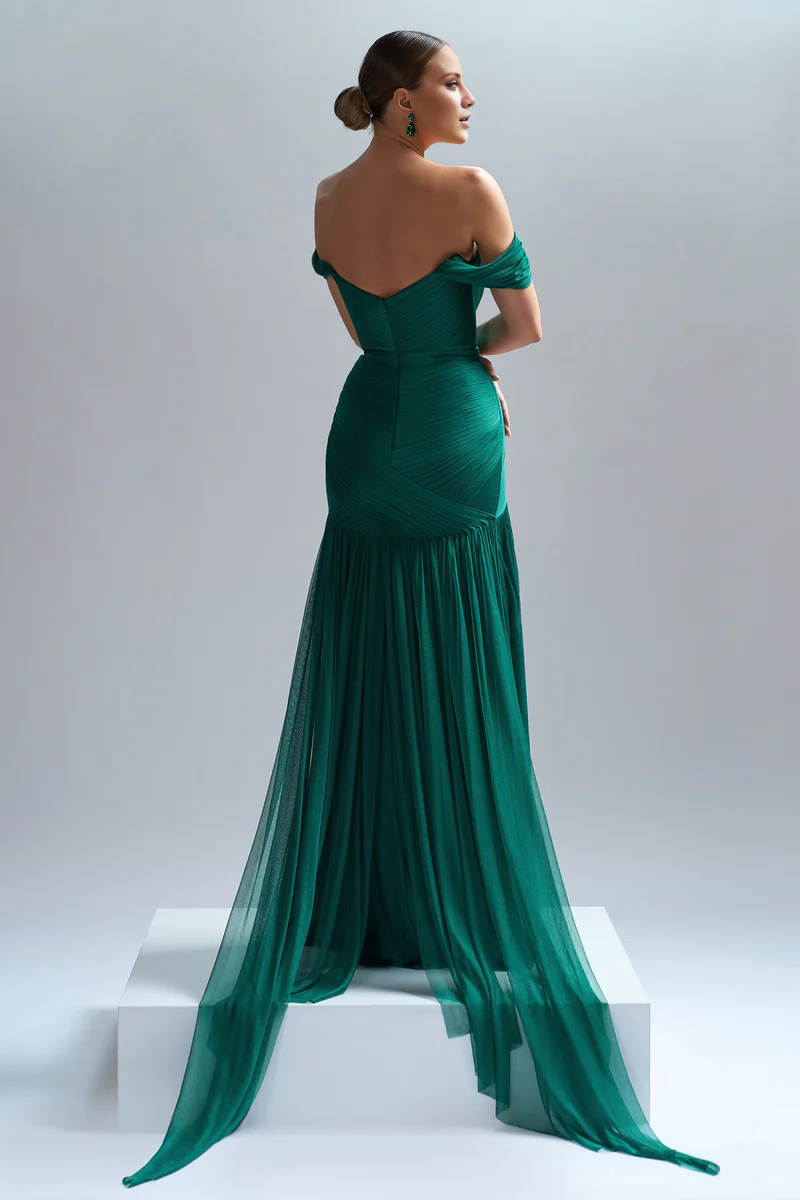 Satin tight corset with satin lining and floor length evening gown