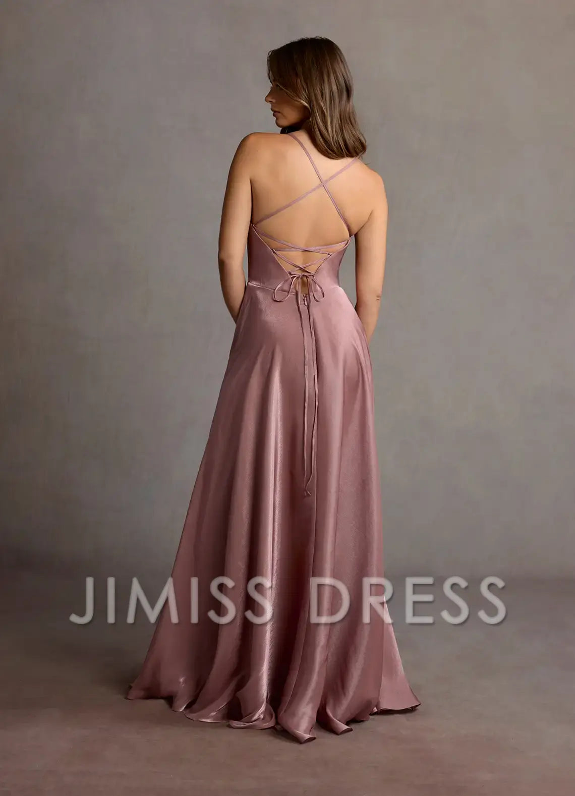 Jimiss slim shoulder strap V-neck backless side slit and floor length Prom dress