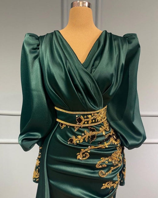 Dark Green Long Sleeve Beading Satin Trumpet Mermaid Prom Dress
