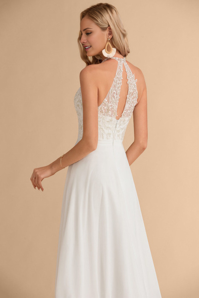 A-line high neck and sleeveless lace chiffon wedding dress