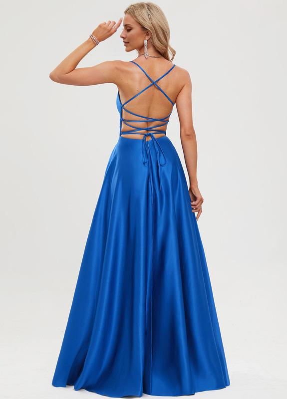 A-line V-neck pleated floor-length satin prom dress