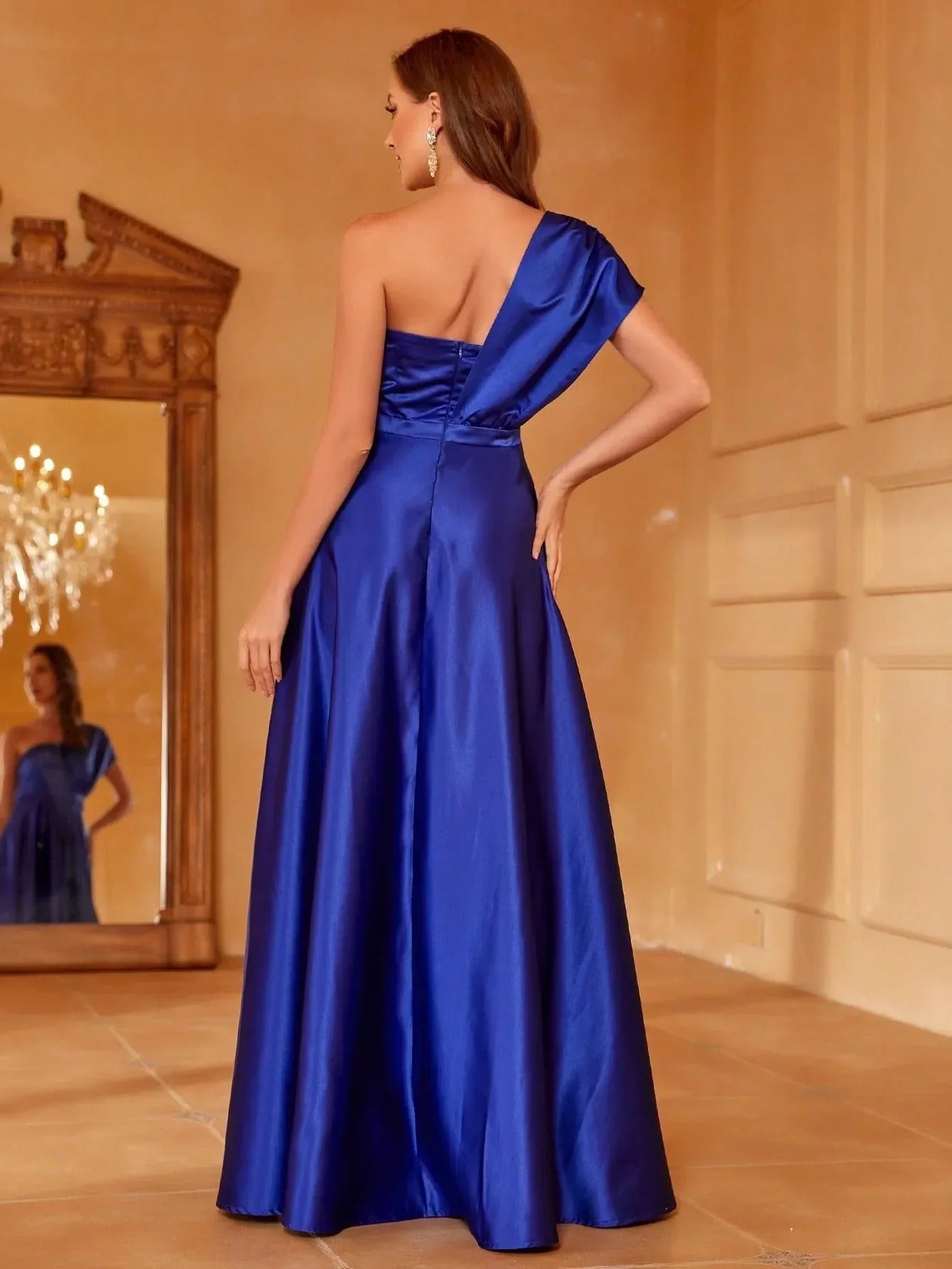 A-line shoulder sleeveless satin and floor length formal dress