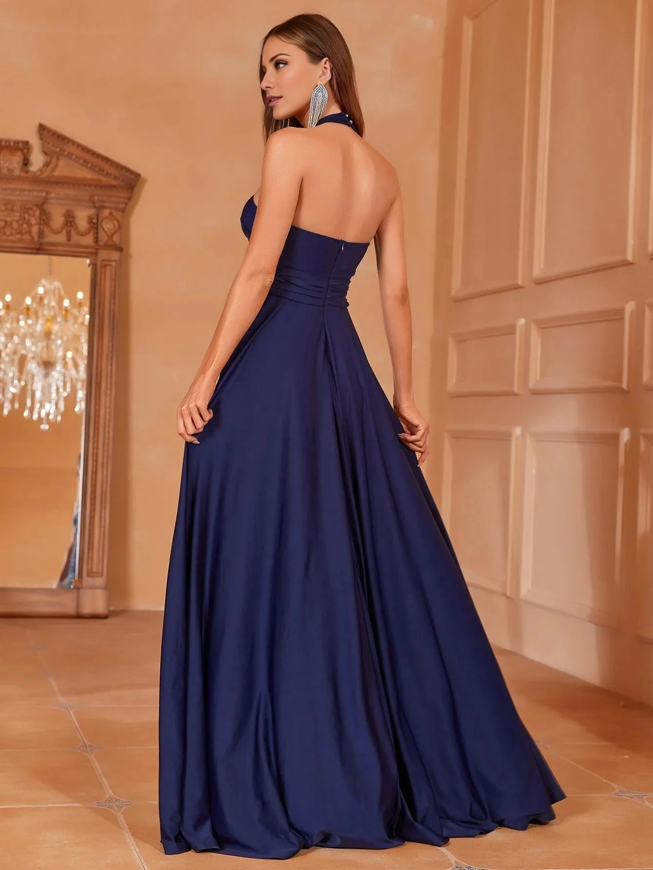 Hanging neck exposed back side slit and floor length formal dress