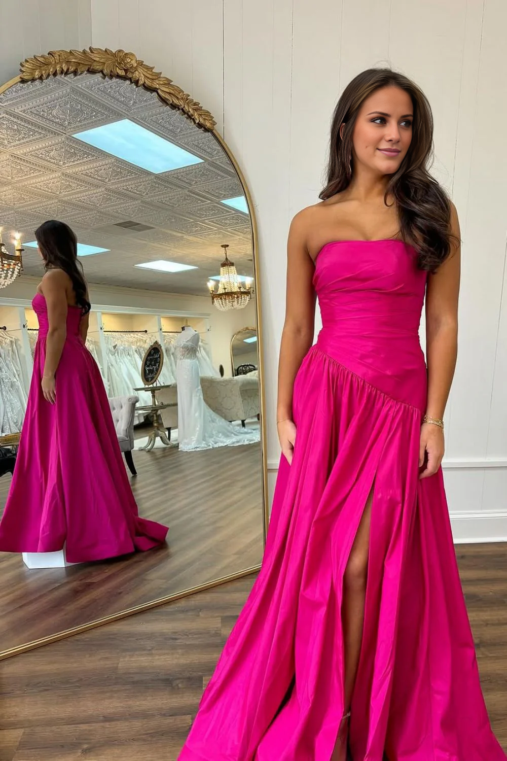 Jimiss minimalist A-line pink off shoulder long satin slit Prom dress