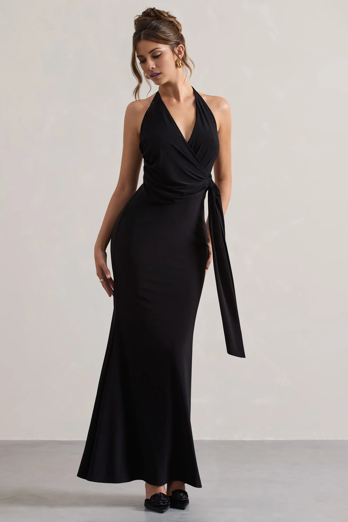 Hanging neck collar with pleats and a floor length evening dress - Jimiss Dress