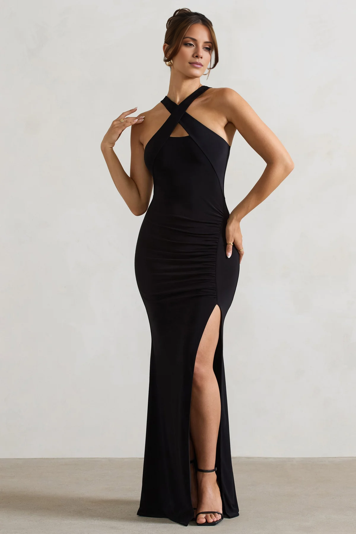 Cross neck off shoulder collar with side slit and floor length evening dress - Jimiss Dress