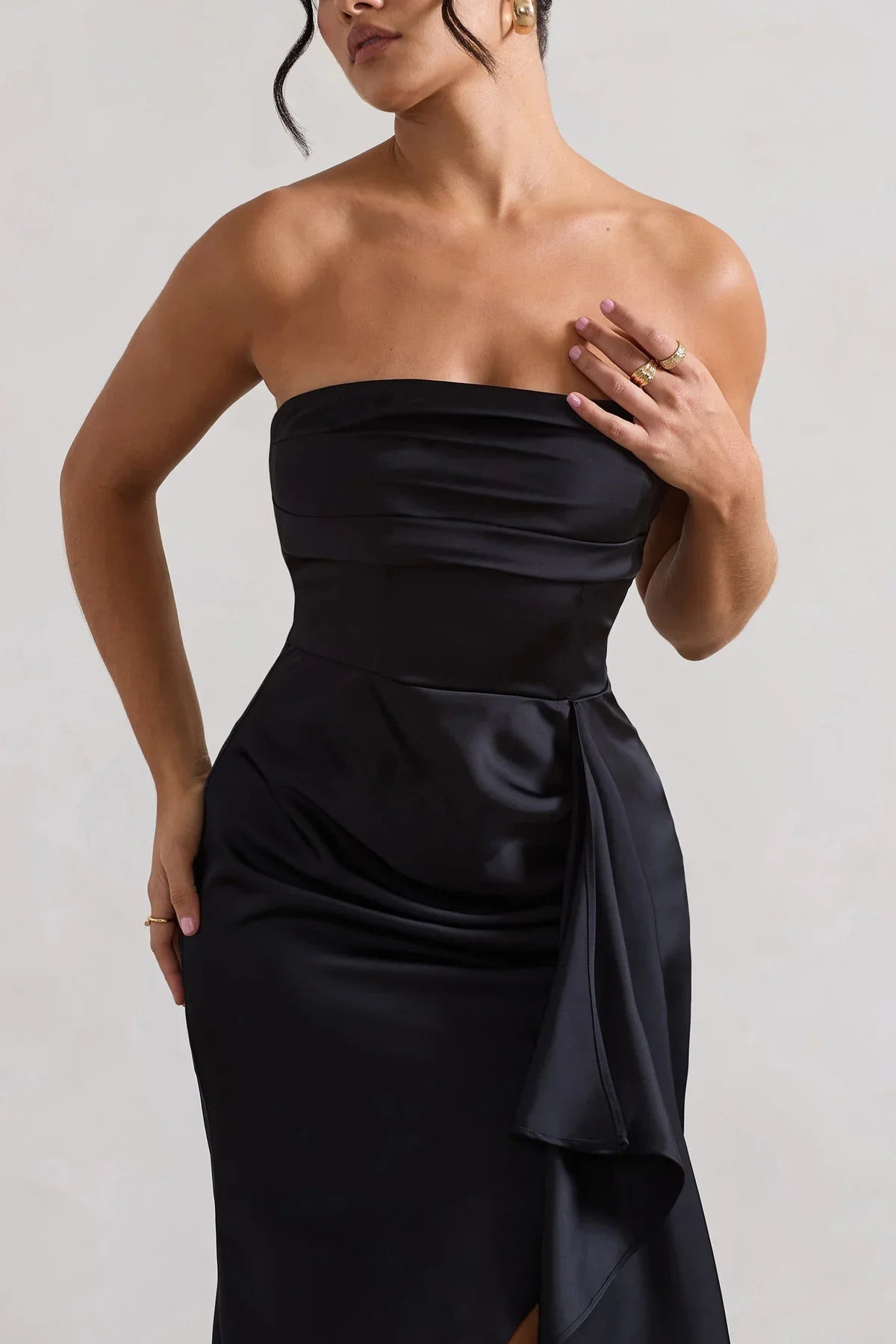Lotus leaf edge hanging black satin strapless slit and floor length evening dress - Jimiss dress