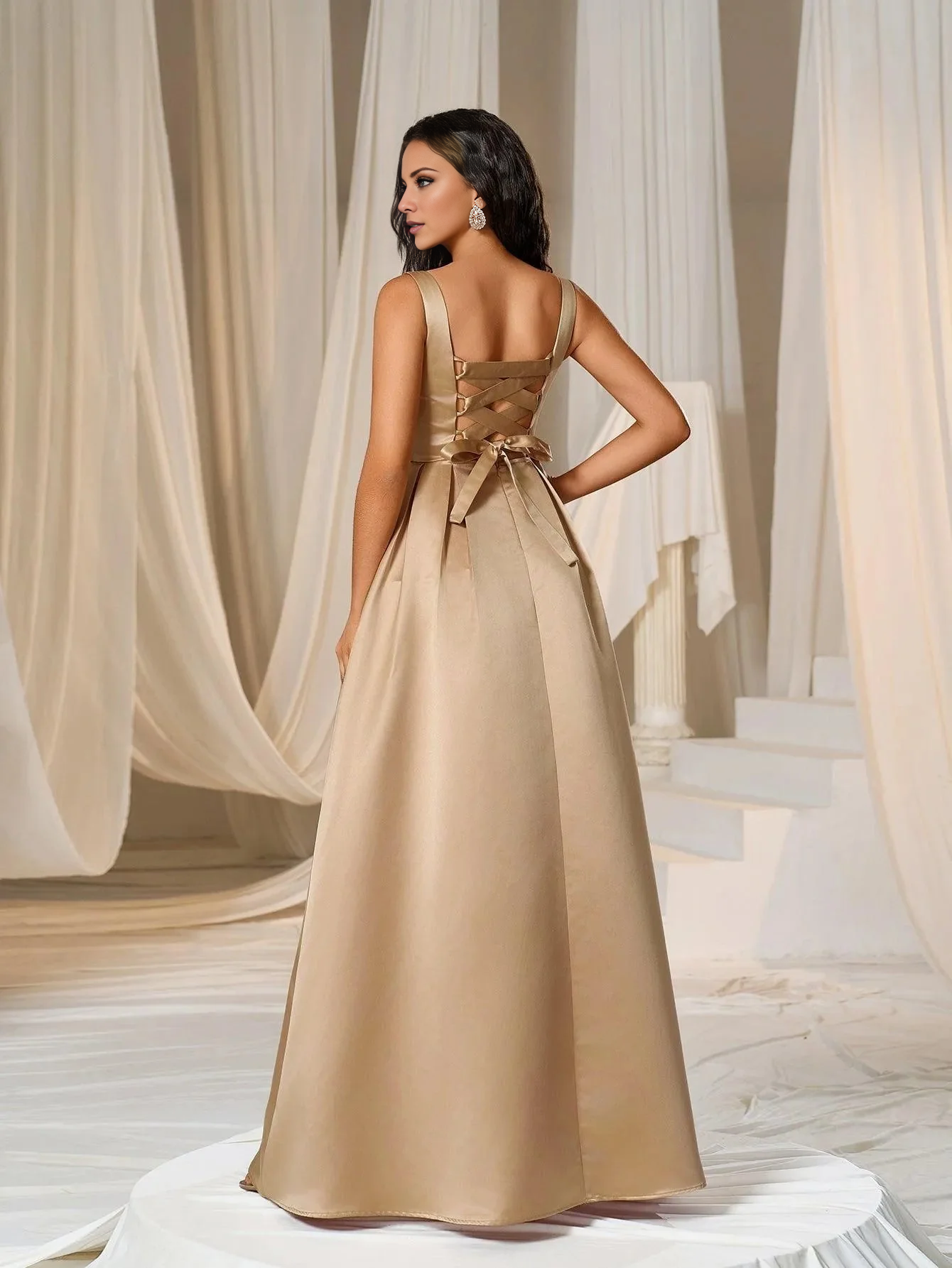 A-line square collar with back tie satin and floor length formal dress