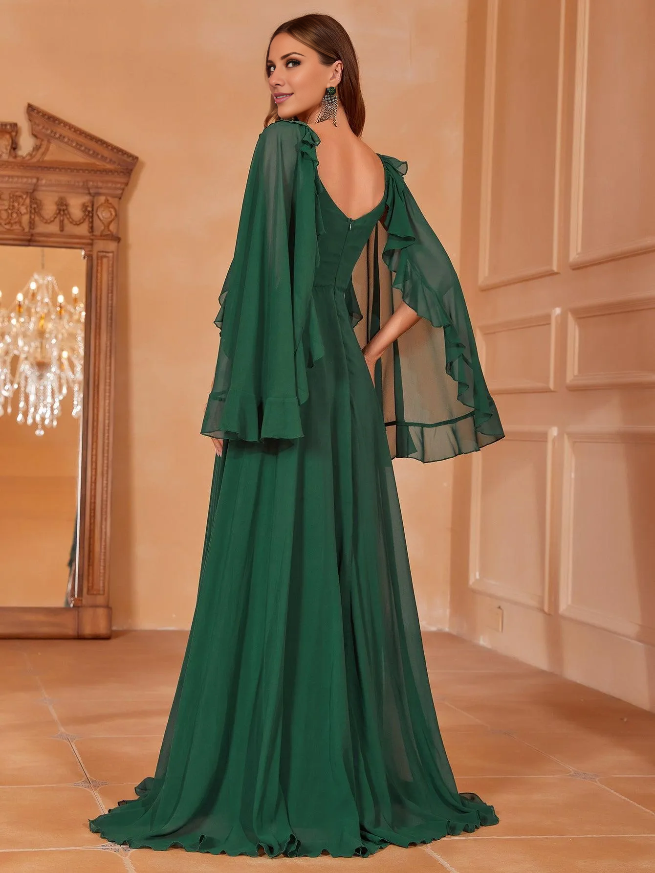 Cape sleeve chiffon backless and floor length formal dress