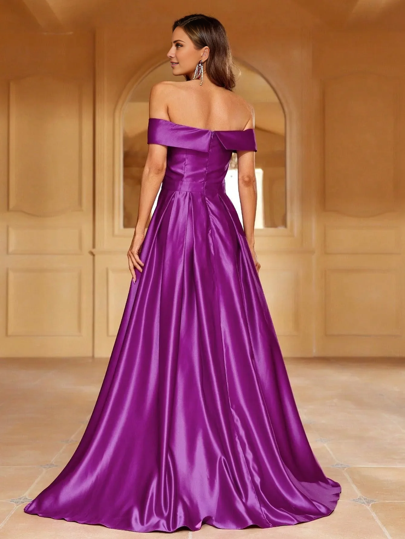 Off shoulder collar satin A-line backless and floor length formal dress