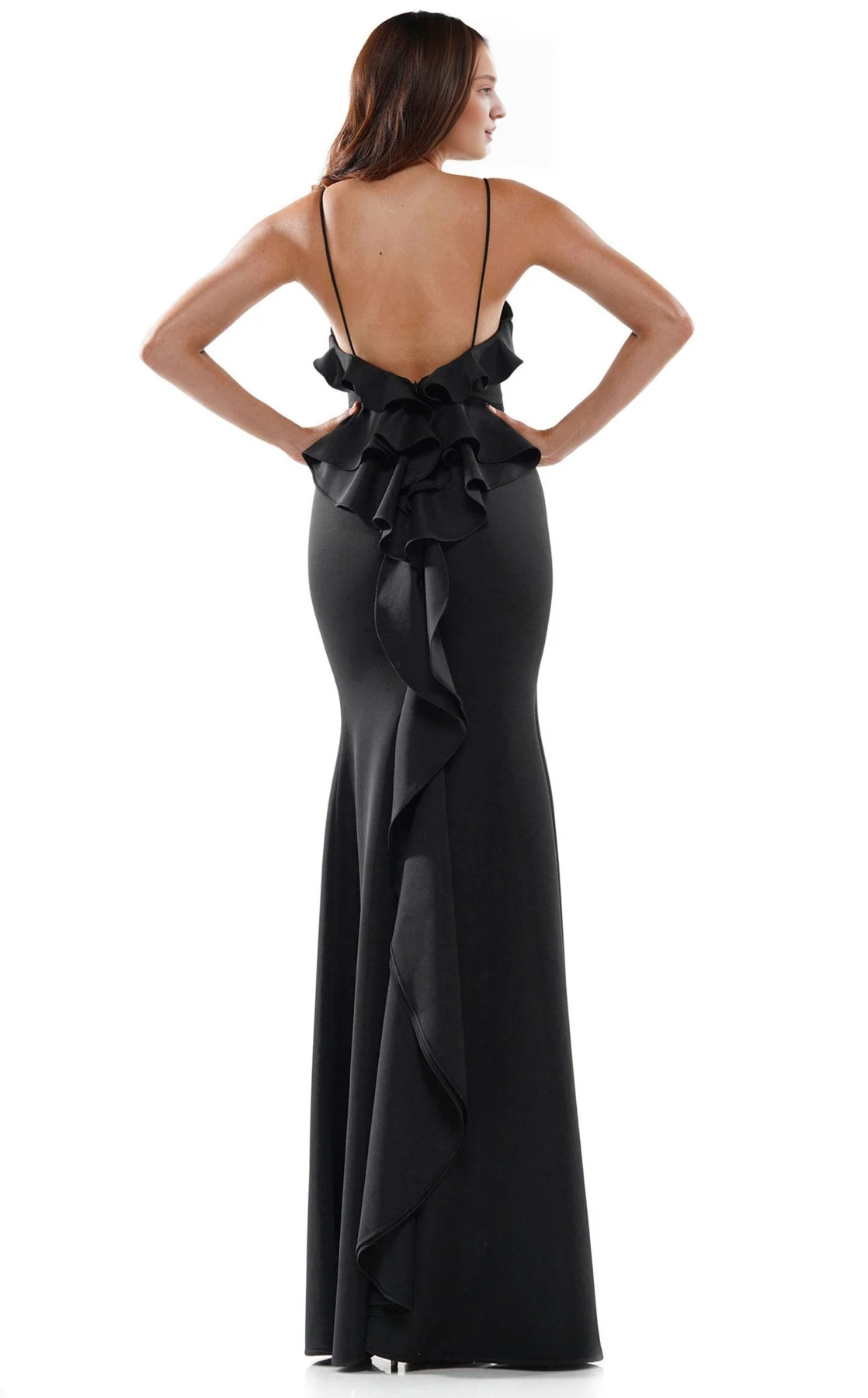 V-neck slim shoulder strap sleeveless tight corset with side slits and floor length evening gown