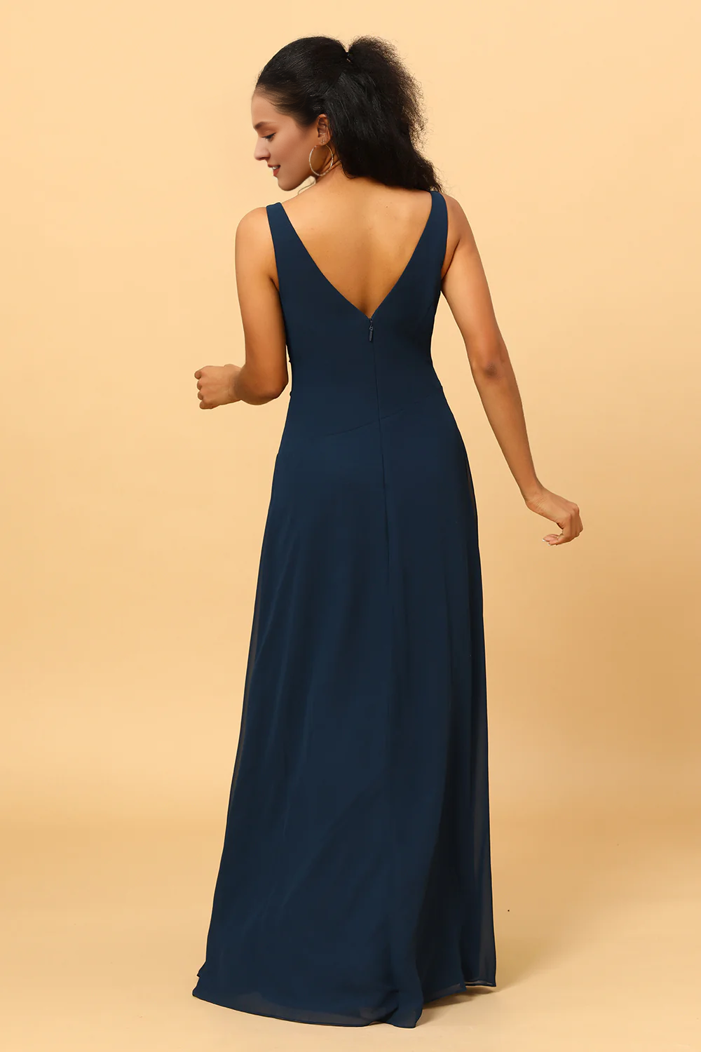Deep Sea Army Blue A-line V-neck and floor length slit chiffon bridesmaid dress