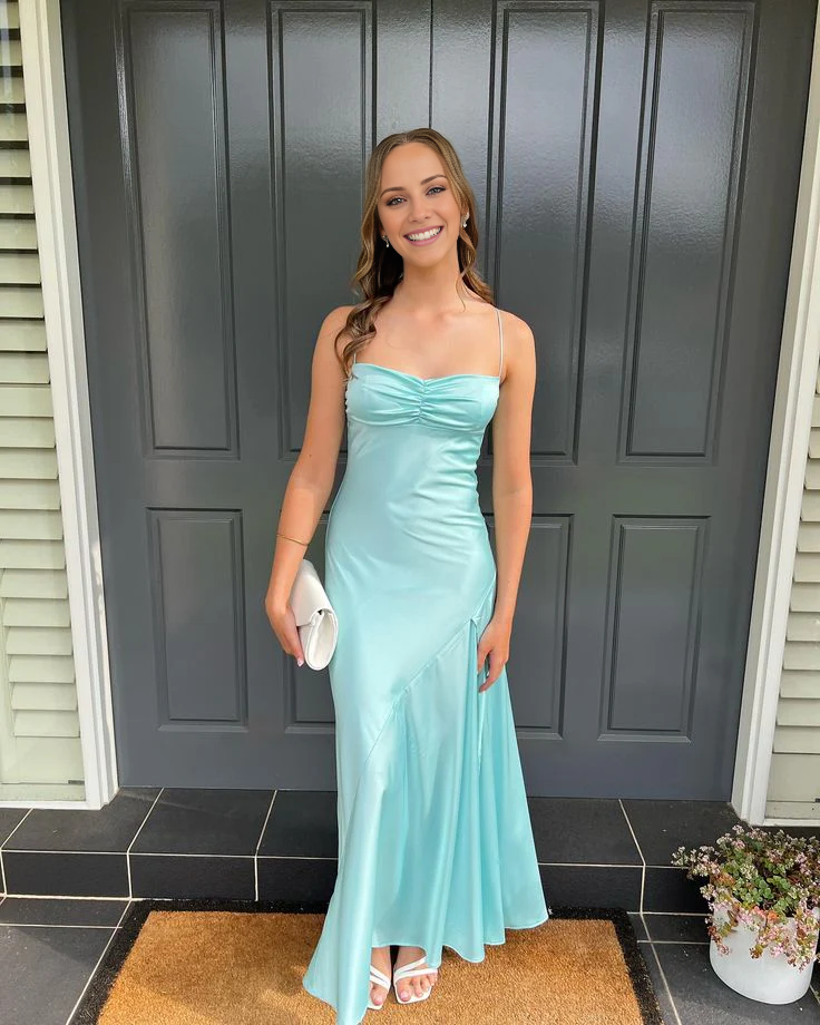 Jimiss thin shoulder strap pleated slit evening dress