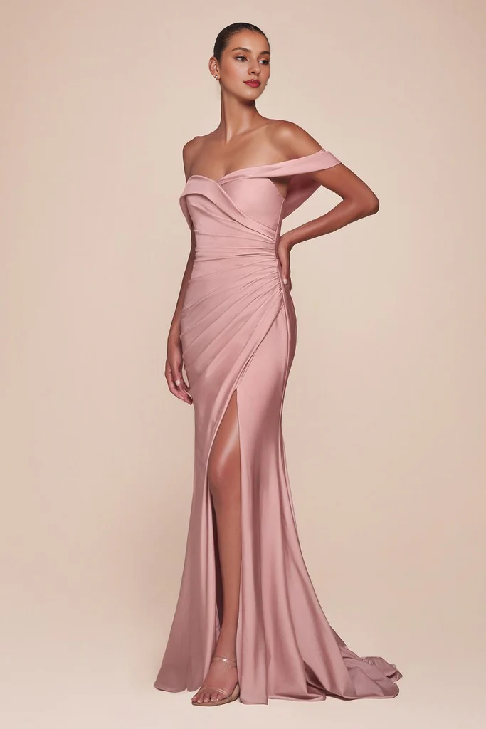 Off shoulder satin side slits and floor length godons evening dresses