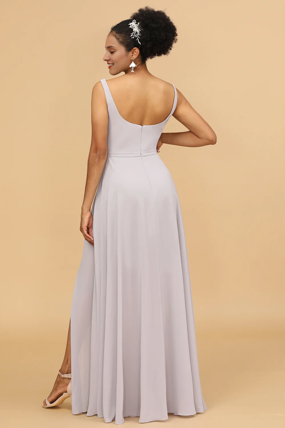 Grey tight square neck long chiffon bridesmaid dress